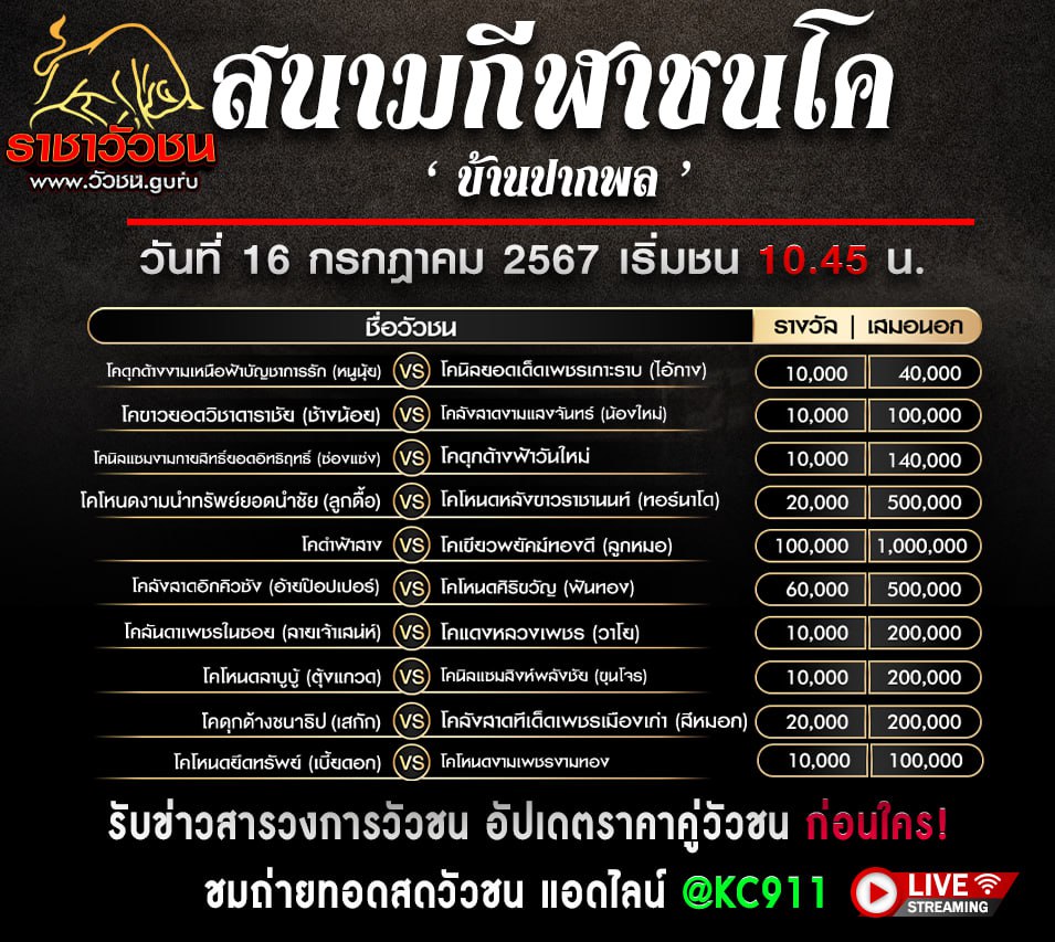 วัวชนออนไลน์ 16-7-2567