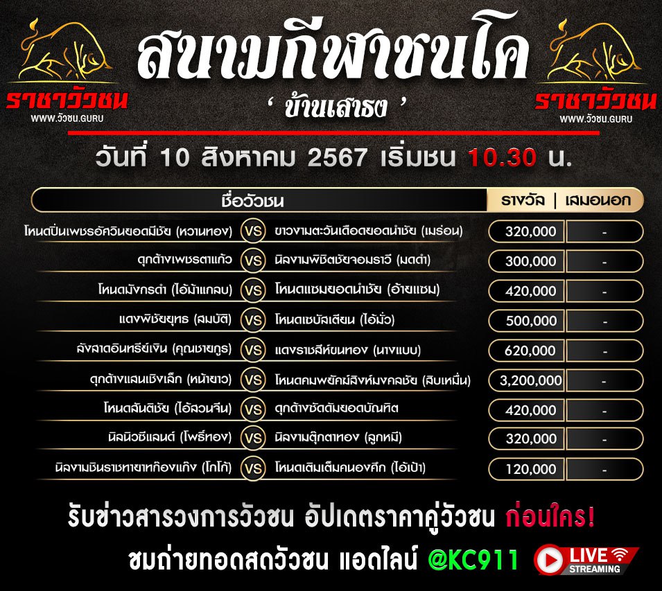 โปรแกรมวัวชน 10-8-2567