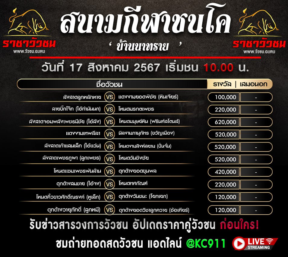 โปรแกรมวัวชน 17-8-2567