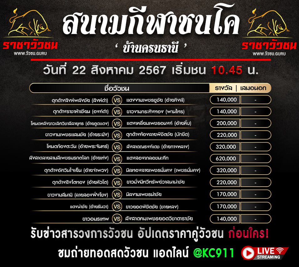 โปรแกรมวัวชน 22-8-2567